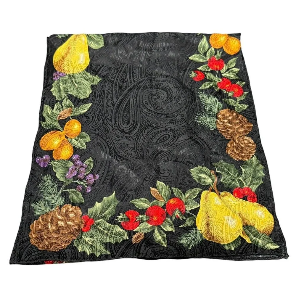 Vintage Luxury Fashion Silk Scarf Black Harvest‎ Fruit Motif Holiday Wrap